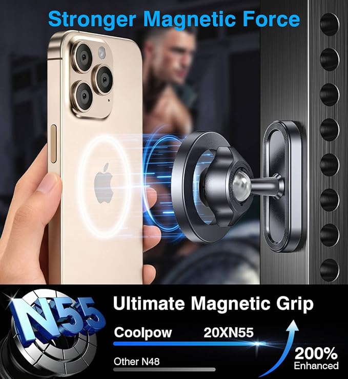 Coolpow Dual Magnetic Phone Holder for Gym Mag Safe Phone Holder【Strong Magnet】 Gym Phone Holder Camera Mount for Gym Accessories for Women Attach to Metal Surface with iPhone 17 Pro Max 16 15 14 13