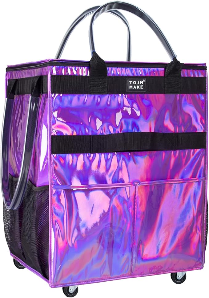 Reusable Grocery Bag with Wheels (Large, Glitter Purple), Rolling Shopping Bag with 8 Pockets and Zipper Cover Foldable Rolling Tote for Women, Travel, Garden, Carries Up to 76LBS