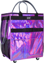 Reusable Grocery Bag with Wheels (Large, Glitter Purple), Rolling Shopping Bag with 8 Pockets and Zipper Cover Foldable Rolling Tote for Women, Travel, Garden, Carries Up to 76LBS