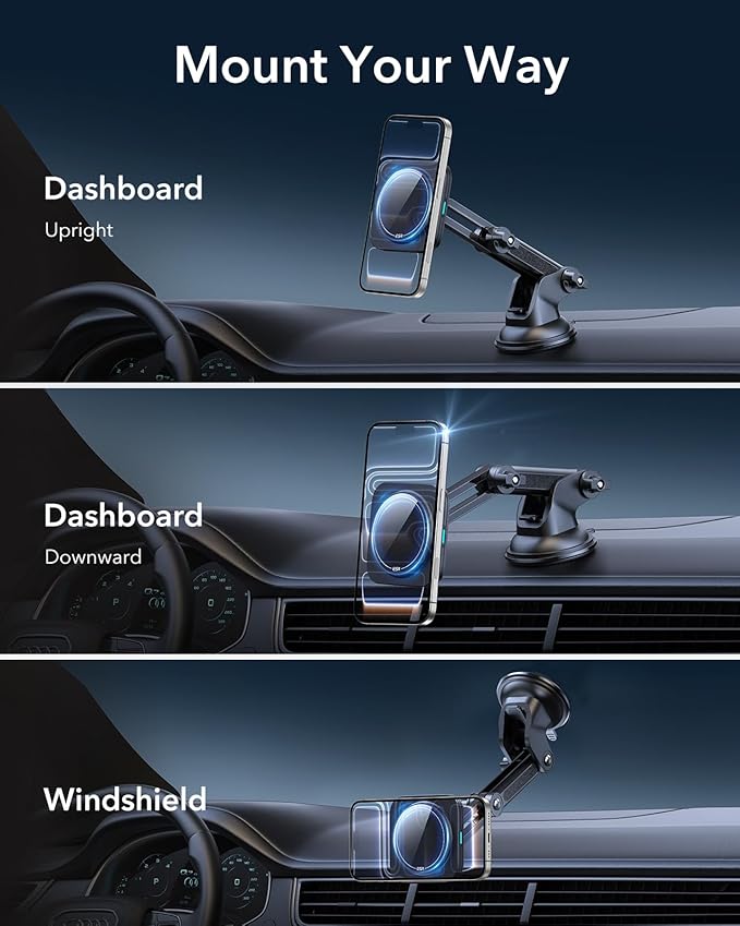 ESR for 15W MagSafe Car Mount Charger, for MagSafe Car Charger, Suction Cup Magnetic Wireless Car Charging, Dashboard Car Phone Mount for iPhone 17/16/15/14/13/12, S25, Pixel 10, Fast Charging