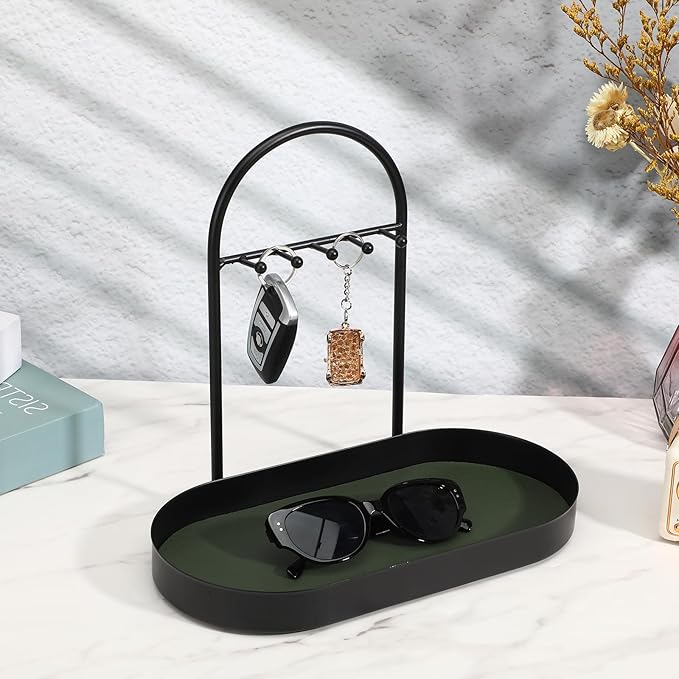 MAQUITA Jewelry Organizer Stand & Key Holder Tray with Acrylic Base, Key Stand and Jewelry Tray with 5 Hooks