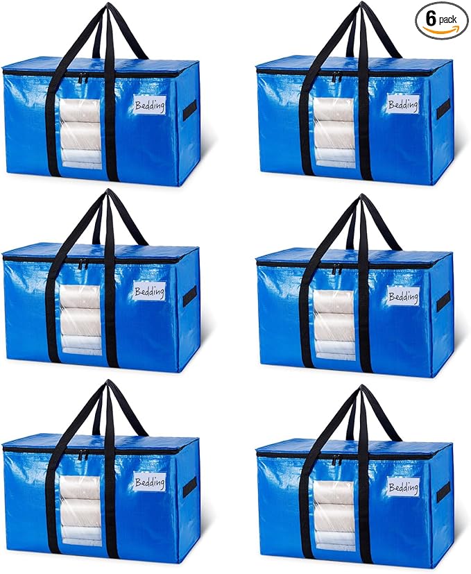 TAILI Extra Large Moving Bags, 6 Pack Blue Heavy Duty Totes For Storage with Visible Window, Wrap Around Handles, Storage Bag