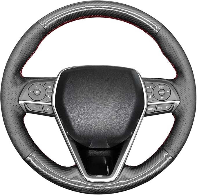 MEWANT Breathable Glossy Carbon Fiber + Black Genuine Leather DIY Car Steering Wheel Cover for Toyota Camry 2018-2019 / Toyota Avalon 2019 / Toyota Corolla 2019-2020 / Toyota RAV4 2019