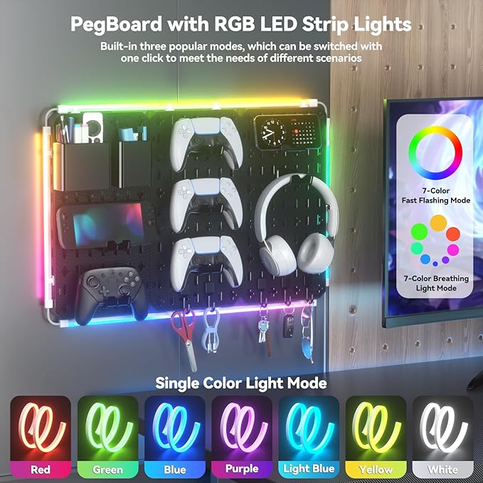 KDD 9 in 1 RGB Gaming Wall Organizer Peg Board - DIY Pegboard Combination Kit with Phone Stand/Pen Holder/Storage Box/Headset