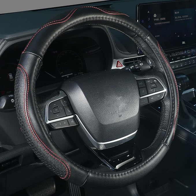 KAFEEK 15 Inch Genuine Top-Grain Leather Steering Wheel Cover, Anti-Slip Diamond Grid Texture, Breathable Cowhide Car Steerin