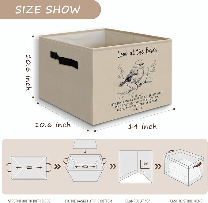 Vintage Christian Bird Foldable Basket Storage Bins Box with Handles, Religious Bible Verse Scripture Bird Collapsible Organi