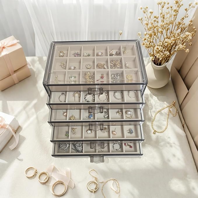 Acrylic Earring Holder Organizer with 5 Drawers Clear Earring Organizer Box with 90 Adjustable Grids Velvet Earring Display C