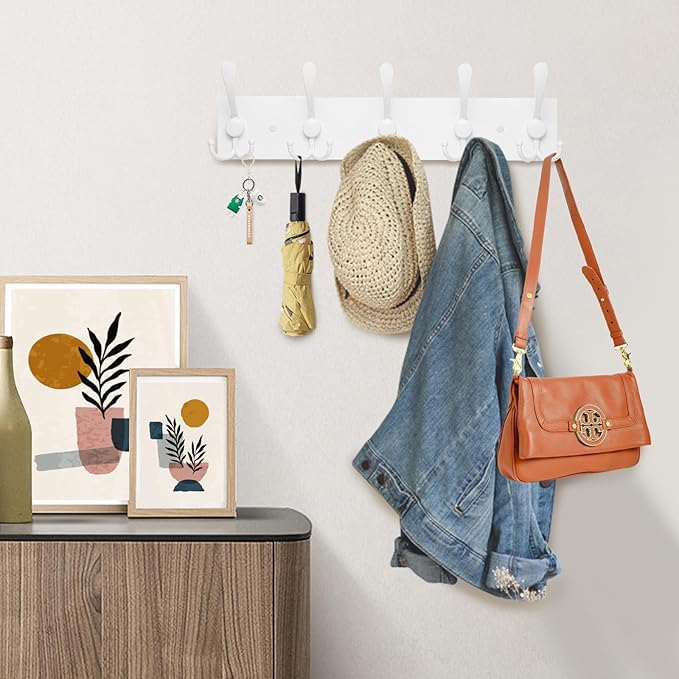 Kuhome 2pcs Coat Rack Wall Mount Coat Hooks Wooden Hat Rack for Wall Hooks Pine Real Wood Plank 16.9" White Coat Hanger with 