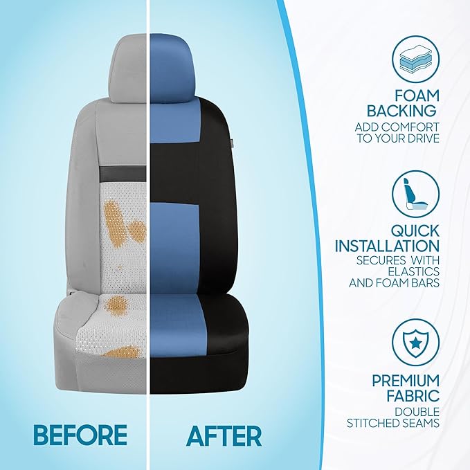 BDK PolyPro Car Seat Covers Full Set in Blue Gray on Black, Front and Rear Split Bench Seat Covers for Cars, Easy to Install 
