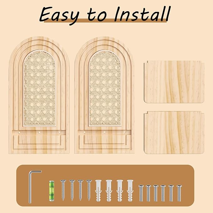 Rattan Wall Shelf Set of 2, 7'' Natural Floating Shelves Boho Decor, Rustic Wood Arched Rattan Wall Mounted Storage Shelves f