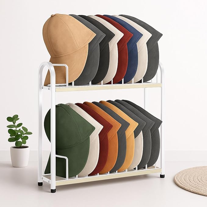SWTYMIKI Hat Stand for Baseball Caps - 2 Tier Wood & Metal Tabletop Hat Organizer Storage Display Rack, Holds up to 20 Caps f