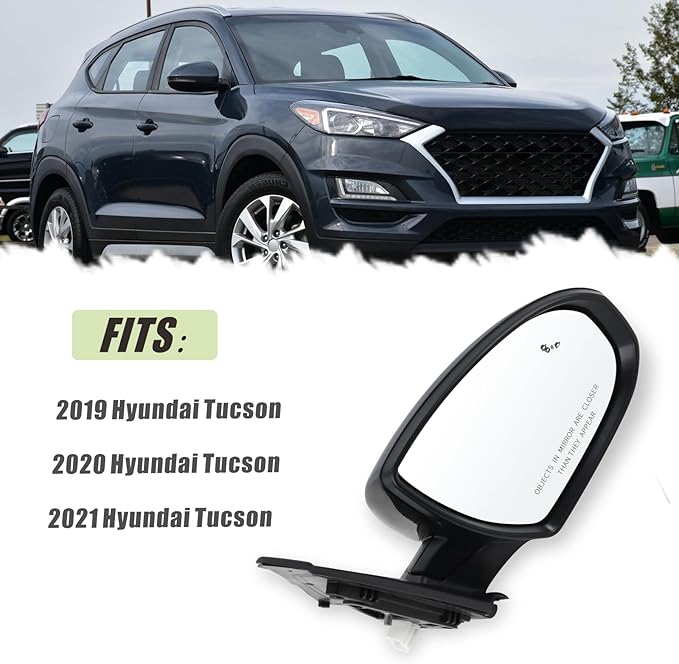 Right Passenger Side Mirror Compatible With 2019 2020 2021 Hyundai Tucson With Manual folding Power glass Turn Signal Heated Blind Spot Black Replace #87620D3930(8Pins)