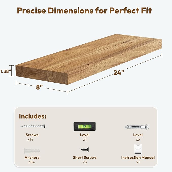Vivelove Elm Floating Shelves for Wall Solid Wood, 24 Inches Long Rustic Wall Shelf with Invisible Bracket for Living Room Be