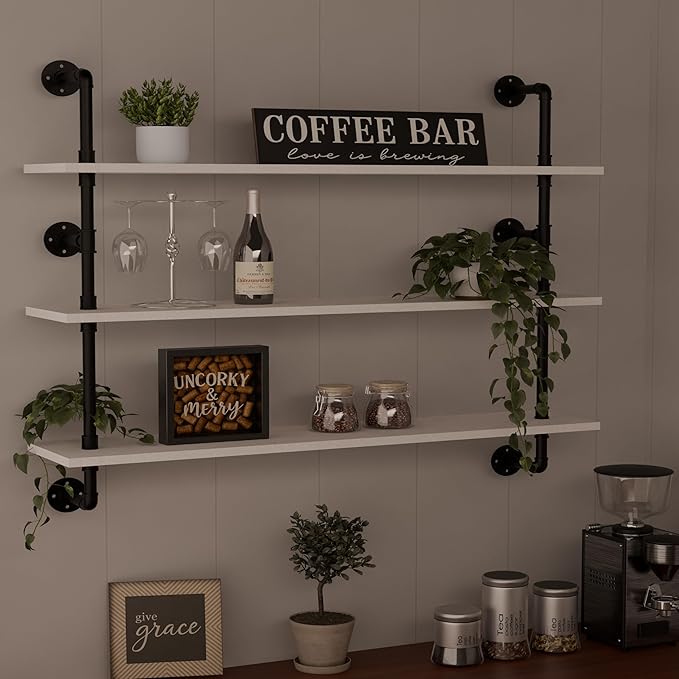 Industrial Pipe Shelving Rustic White Pipe Wall Shelves Industrial Shelves with Wood Planks Floating Shelves 48 Inch Farmhous