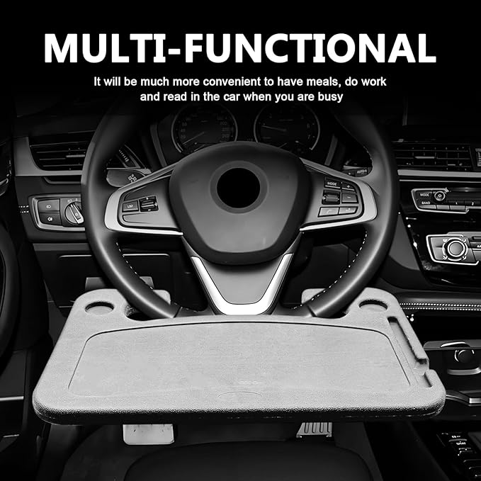 Car Steering Wheel Desk Tray for Laptop and Eating 2 in 1 Multipurpose Travel Accessory with Drink and Pen Holder Compatible with Most Vehicles Grey