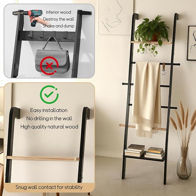 Wooden Ladder with Shelf for Decor, 6-Tier Decor Ladder with Non-Slip Mat & Hooks, Farmhouse Style Leaning Wall Display Holde