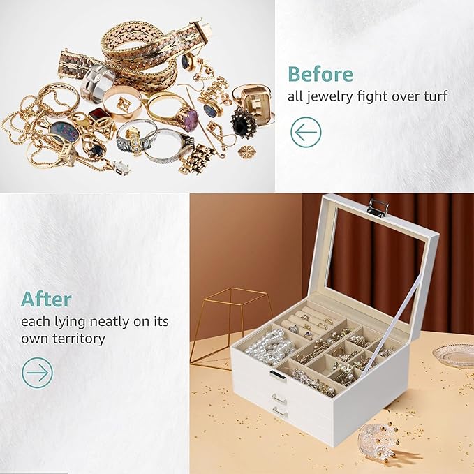 BOOVO Clear Lid Jewelry Box,3 Layers Jewelry Organizer Large Multi-Functional Jewelry Storage Box with 2 Drawers,Jewelry Disp
