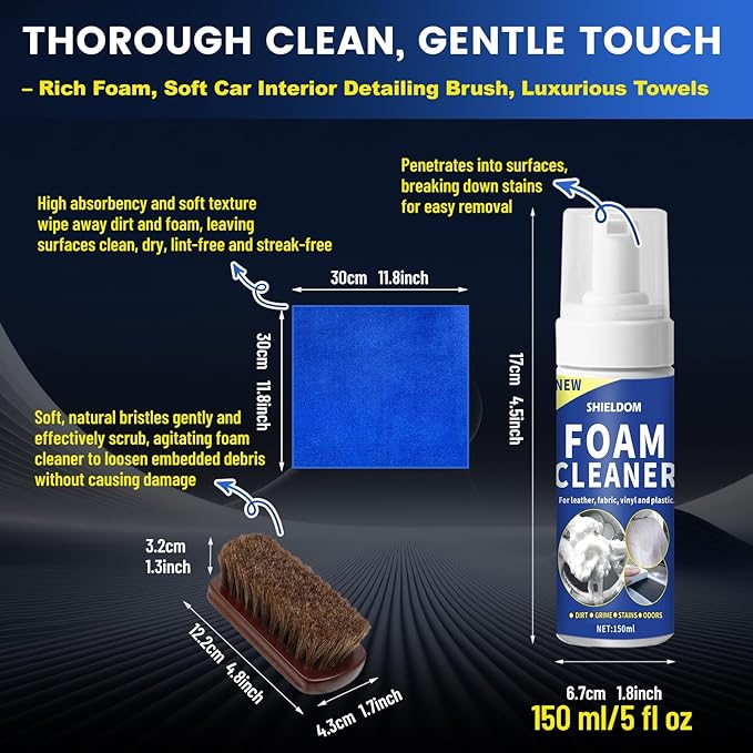 Car Interior Cleaner Kit Multifunctional Foam Cleaner, Clean Cars Seat Carpet Upholstery with Detailing Brush & Towel Deep In