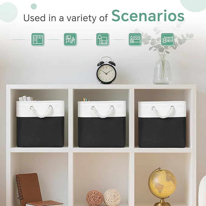 FinishingBo Large 11x11 Inch Cube Storage Bins with Cotton Handles for Closet, Shelves, Clothes, Towel (White/ Black-6 Pack)