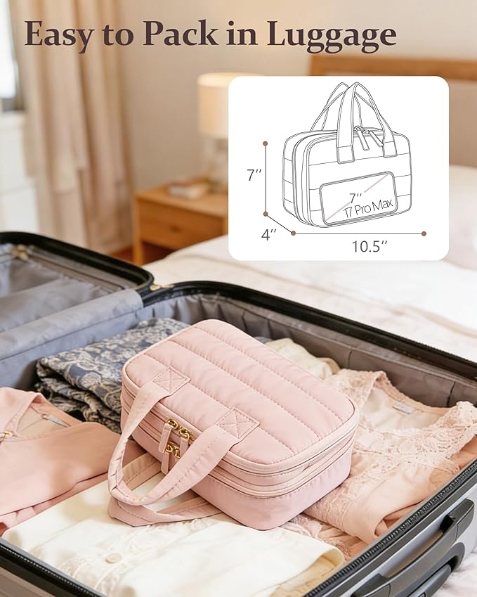 Makeup Bag, Travel Cosmetic bag, Toiletry Bag For Women, Make up Bag With Brush Storage, Hanging Toiletry Bag, Puffy Padded M