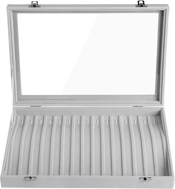 Frebeauty 15 Hooks Necklace Tray Velvet Neckalce Organizer with Clear Lid Lockable Necklace Holder Box Jewelry Organizer for 