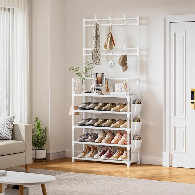 OYREL Shoe Rack 5 Tier Shoe Organizer Storage 15-20 Pairs Shoes Rack for Closet Entrance Shoe Rack Organizer with Hooks and S