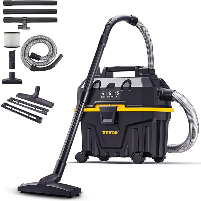 VEVOR 4 Gallon 5.0 Peak HP Wet and Dry Shop Vac， Portable Shop Vacuum and Blower 3-in-1 with Filter, Hose and Attachments for