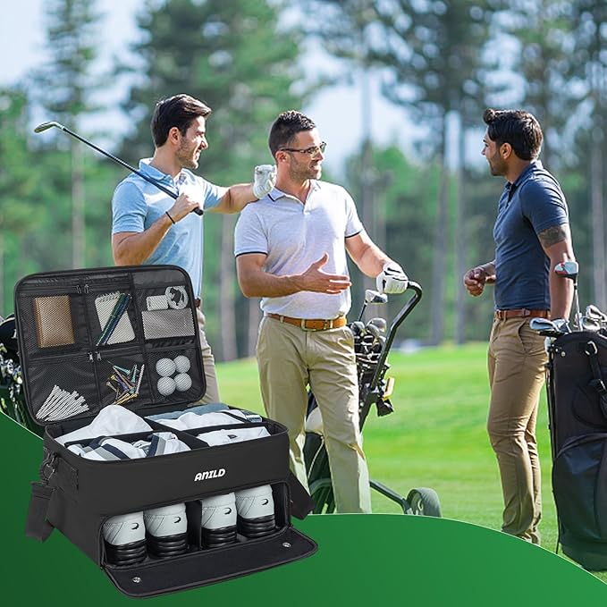 ANILD Golf Trunk Organizer, 2 Layer Golf Storage Case with Separate Ventilated Compartment for 2 Pair Shoes, for Balls, Tees,