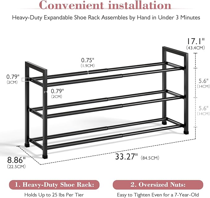 Bumusty 3-Tier Expandable Shoe Rack for Closet, 18“-33” Adjustable Shoe Rack for Small Space, Small Shoe Organizer for Front 