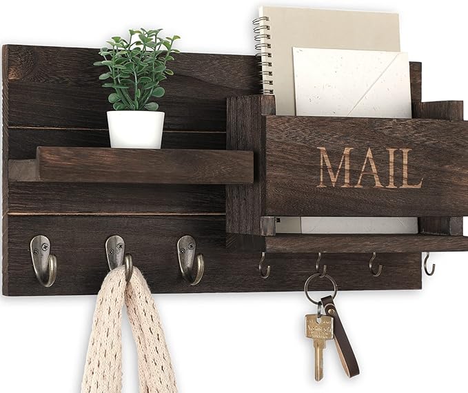 Lwenki Mail Organizer for Wall Mount – Key Holder with Shelf Includes Letter Holder and Hooks for Hallway Farmhouse Decor – R