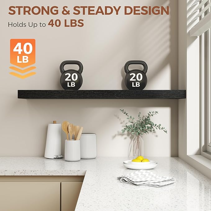 Dreamland 40 Inch Black Floating Shelves for Wall,8 Inch Deep Floating Shelves,40" W x 8" D Wall Shelves for Bedroom,Living R