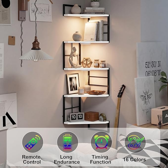 Corner Floating Shelves with Lights - 5 Tiers Corner Shelf Wall Mounted, Bookshelf with LED Light, Floating Shelves for Wall,