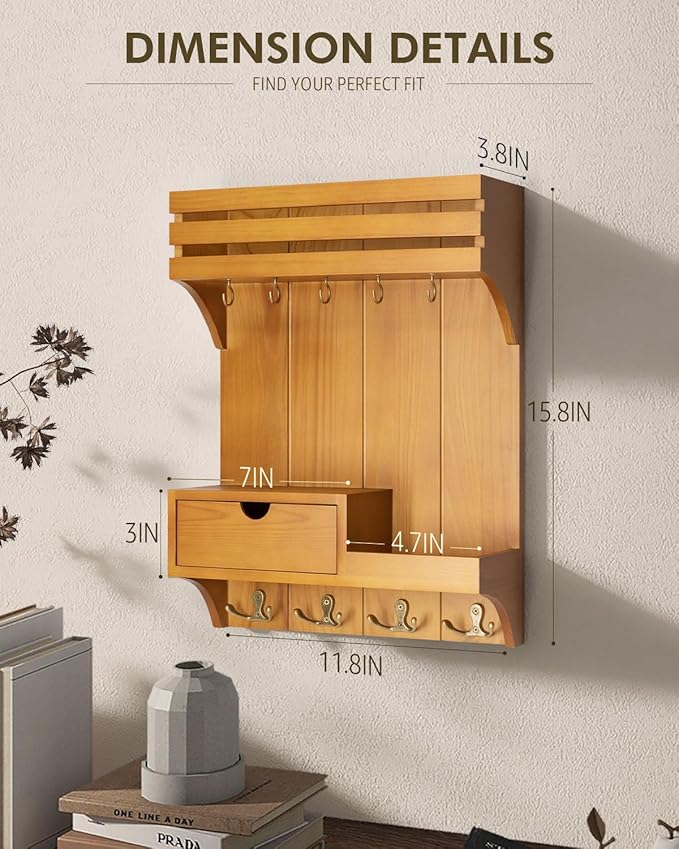 Rebee Vision Farmhouse Key Holder Wall Mount with Mini Drawer Organizer – Mail Organizer with 9 Key Hooks – Ideal Home Decor 