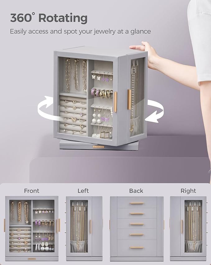 Glimmloop 360° Rotating Jewelry Box with 5 Drawers, Spacious Vertical Jewelry Organizer with Glass Window, Jewelry Storage Ca