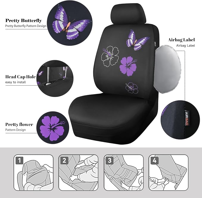 CAR PASS Universal Cloth Butterfly Car Seat Covers Full Set, Embroidered Flower Waterproof Car Floor Mats Carpet, Butterflies