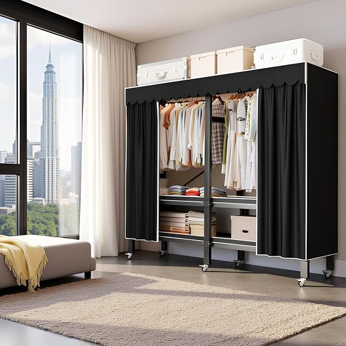 Heavy Duty Portable Wardrobe, Metal Foldable Covered Clothes Rack, 1500LBS, Freestanding Closet System Rolling Garment Rack, 