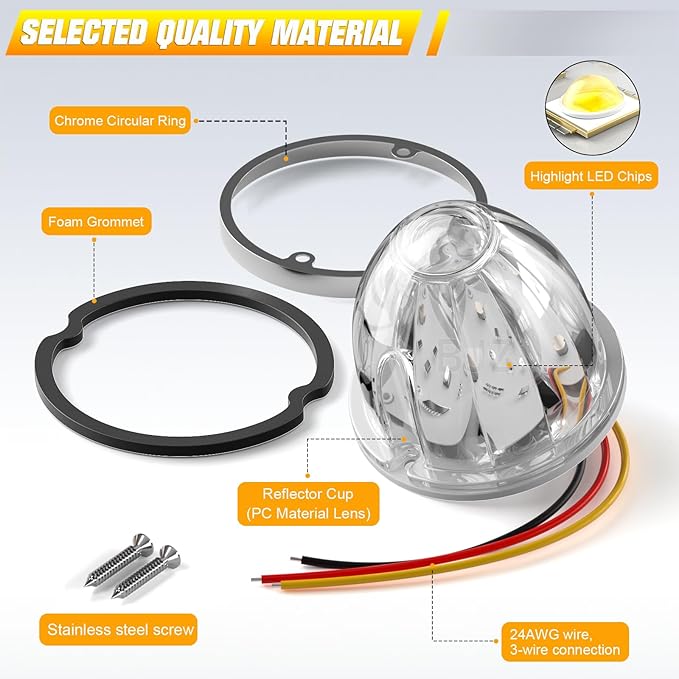 BJZ 2Pcs White Watermelon LED Strobe+Constant Marker Lights Dual Function Watermelon-shaped Side Marker Clearance Tail Top Cap Roof Lights for Trailer Truck Semi-trailer Heavy-duty Truck Bus Van