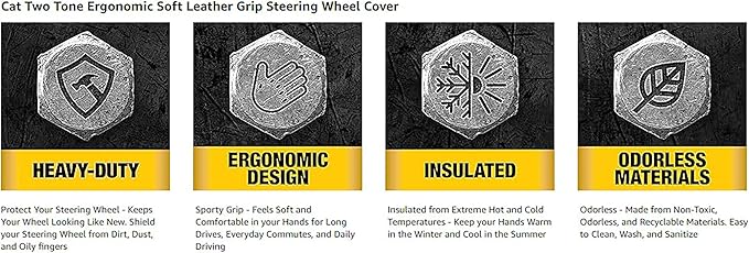 Caterpillar 18" Steering Wheel Cover for Semi Trucks - Black with Grey Trim, Synthetic Leather, Odorless and Durable for All Seasons - Bundle with Air Freshener