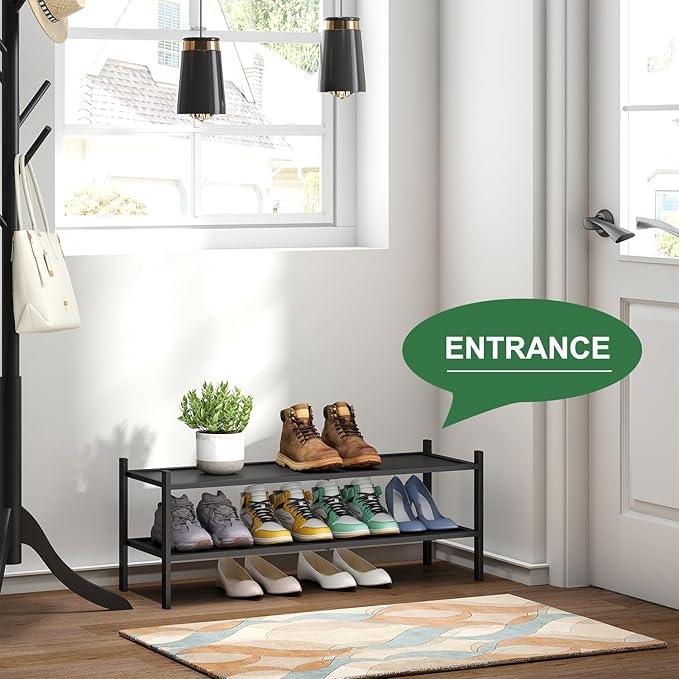 Kiplant Black 2-Tier Long Stackable Bamboo Wood Shoe Rack for Closet, Entryway & Hallway