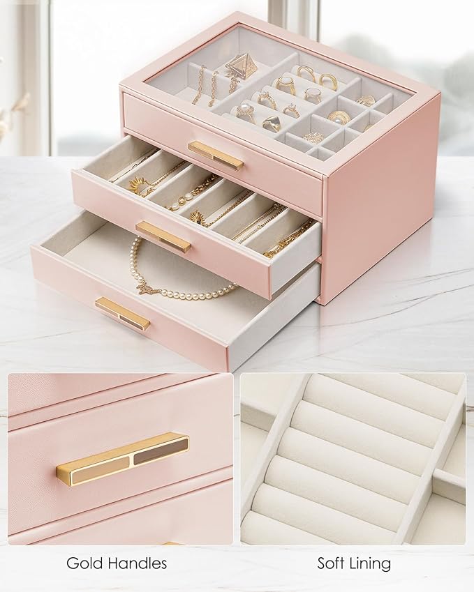 VLANDO Jewelry Box for Women, Glass Lid Jewelry Organizer with 3 Drawers for Necklaces Rings Earrings Bracelets Mother Day Gi