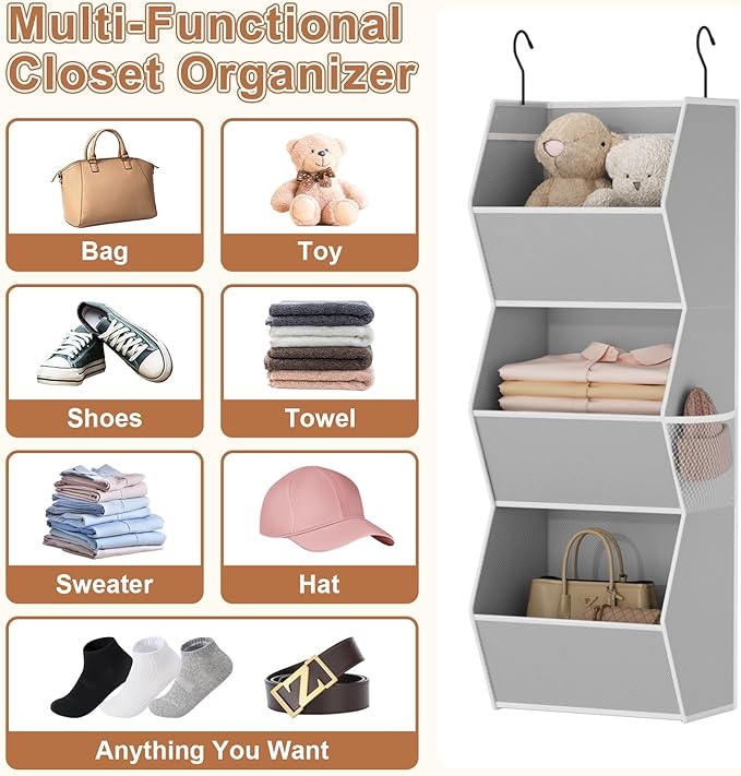 Hanging Closet Organizer 3 Shelf Collapsible Bedroom Closet Organizers and Storage Hanging with Mesh Pockets for Clothes, Fab