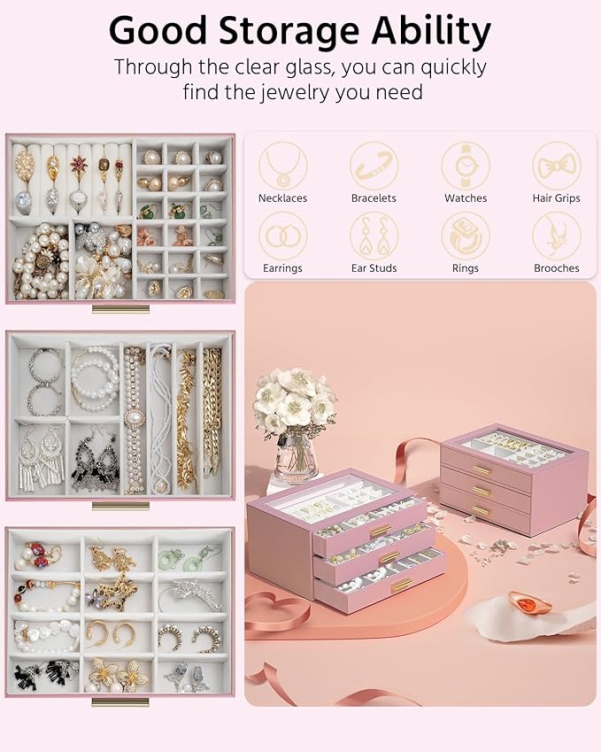 AKOZLIN Jewelry Box with Clear Lid Functional Leather Jewelry Storage Organizer Case 3 Drawers for Women Girls Necklace Ring 