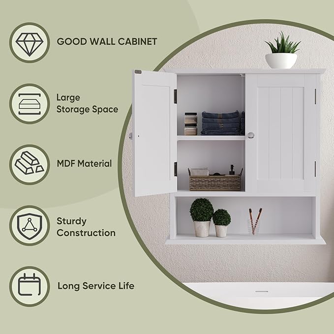 Smuxee White Bathroom Cabinet Wall Mounted, Small Bathroom Medicine Cabinet with 2 Door Adjustable Shelves, Bathroom Wall Cab