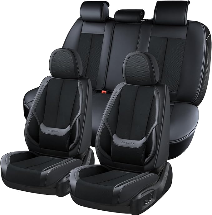 Coverado Front and Back Seat Covers 5 Pieces, Full Set Universal Seat Covers for Cars, Breathable Fabric&Leather Car Seat Pro