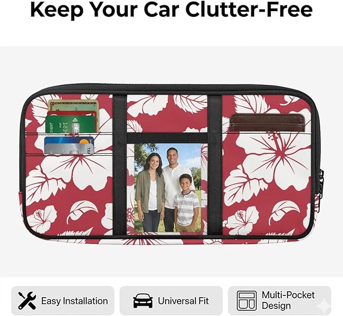 Hibiscus Flower Car Sun Visor Organizer Keep Tidy Car Visor Organizer with Big Zipper Pocket Card Holder Universal Fit for Most Cars SUV
