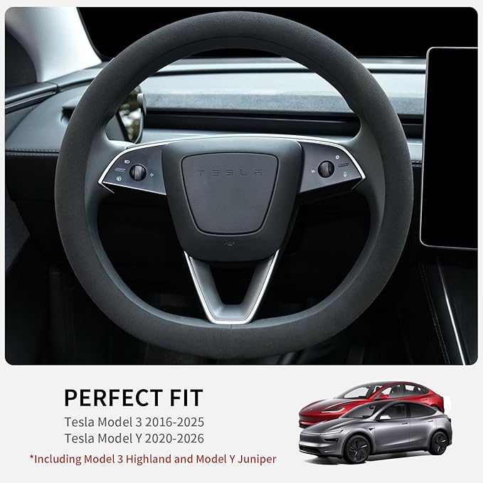 Suede Steering Wheel Cover for Tesla Model 3/Y 2016-2025 2026 Juniper/Highland, Non-Slip Breathable Tesla Model 3/Y Steering Wheel Protector, Black