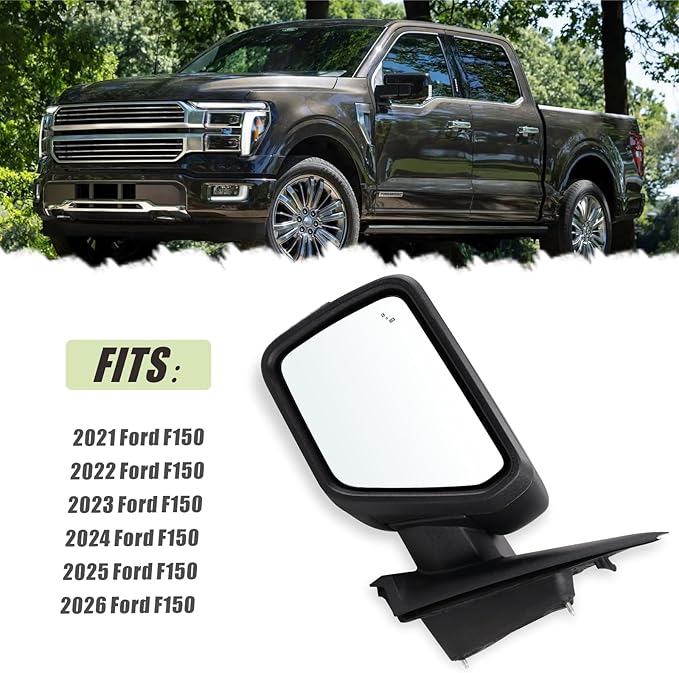 Left Driver Side Mirror Compatible With 2021-2026 Ford F150 With Manual Folding Power Glass Heated Blind Spot Turn Signal Light Matte Black Replace#ML3Z17683TA (9Pins)