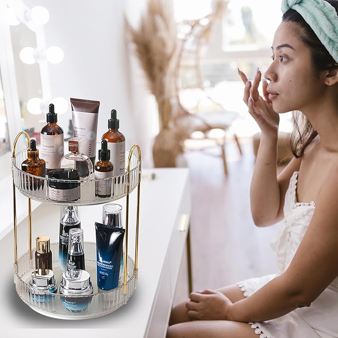 Rotating Makeup Organizer Countertop 2 Tier Lazy Susan Trays Clear Skincare Perfume Storage for Bathroom Counter Vanity, Tran