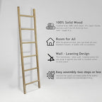 Wooden Blanket Ladder - 76in Natural & Motley Wood - Leaning Wall Decor for Bedroom, Bathroom, Living Room - Rustic Quilt Hol