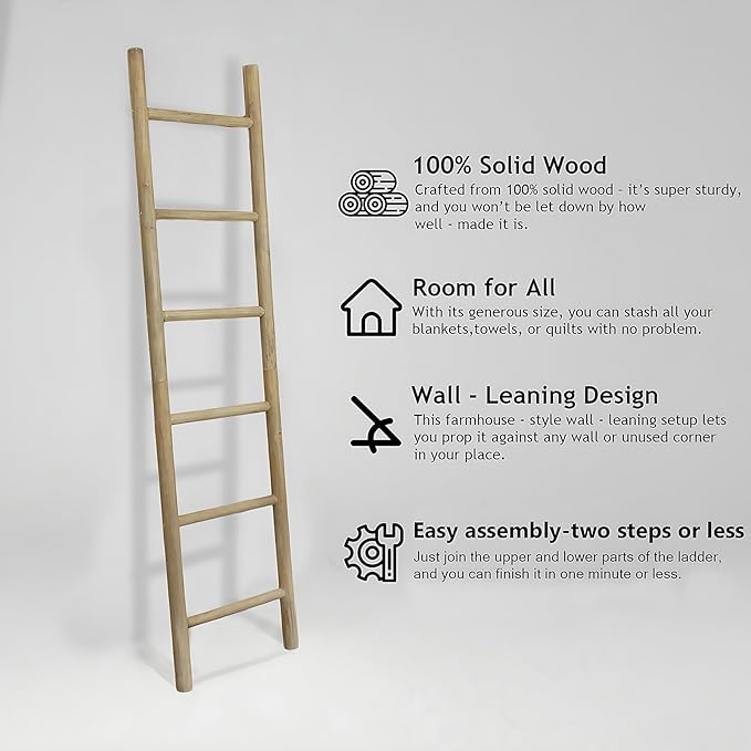 Wooden Blanket Ladder - 76in Natural & Motley Wood - Leaning Wall Decor for Bedroom, Bathroom, Living Room - Rustic Quilt Hol